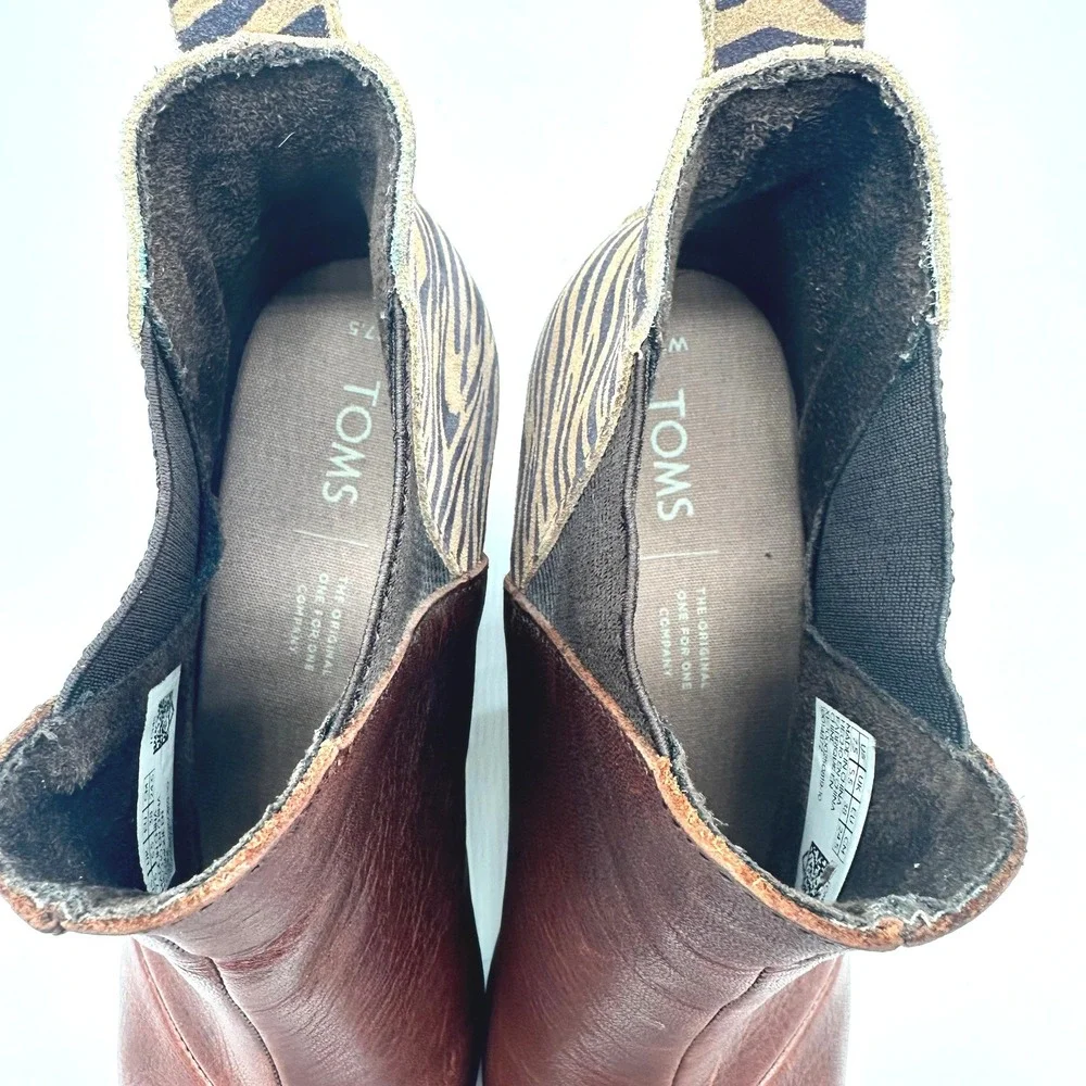 Toms Kelsey Brown Leather Zebra Suede Print Wedge Ankle Boots Womens 7.5